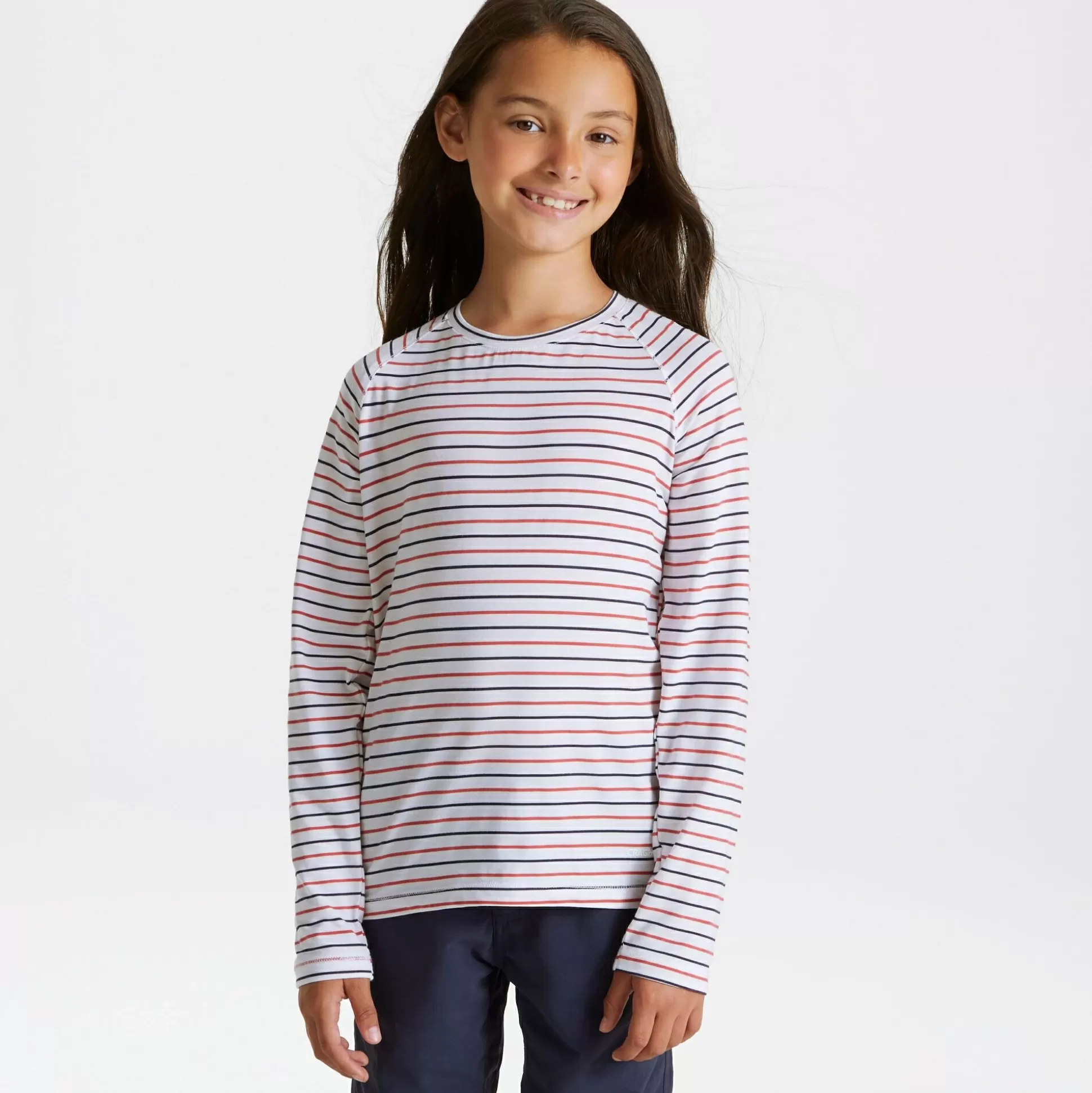 Craghoppers Kid'S Nosilife Paola Long Sleeved T-Shirt - Blue Navy / Pompeian Red Stripe<Kids Long Sleeve